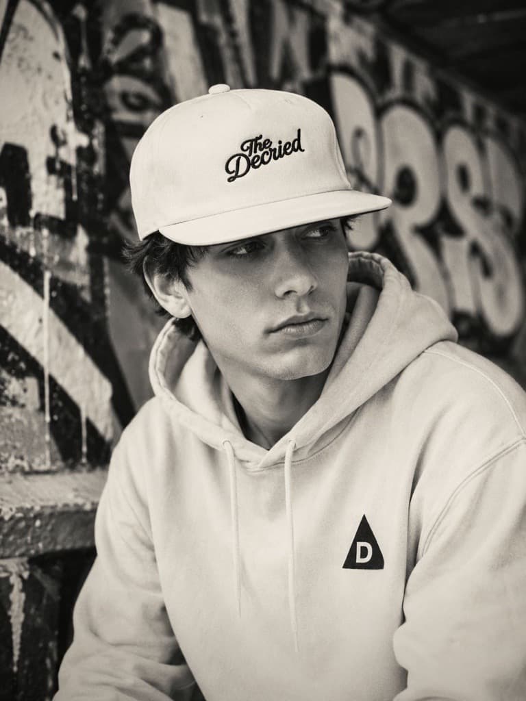 Close up of man wearing The Decried cap
