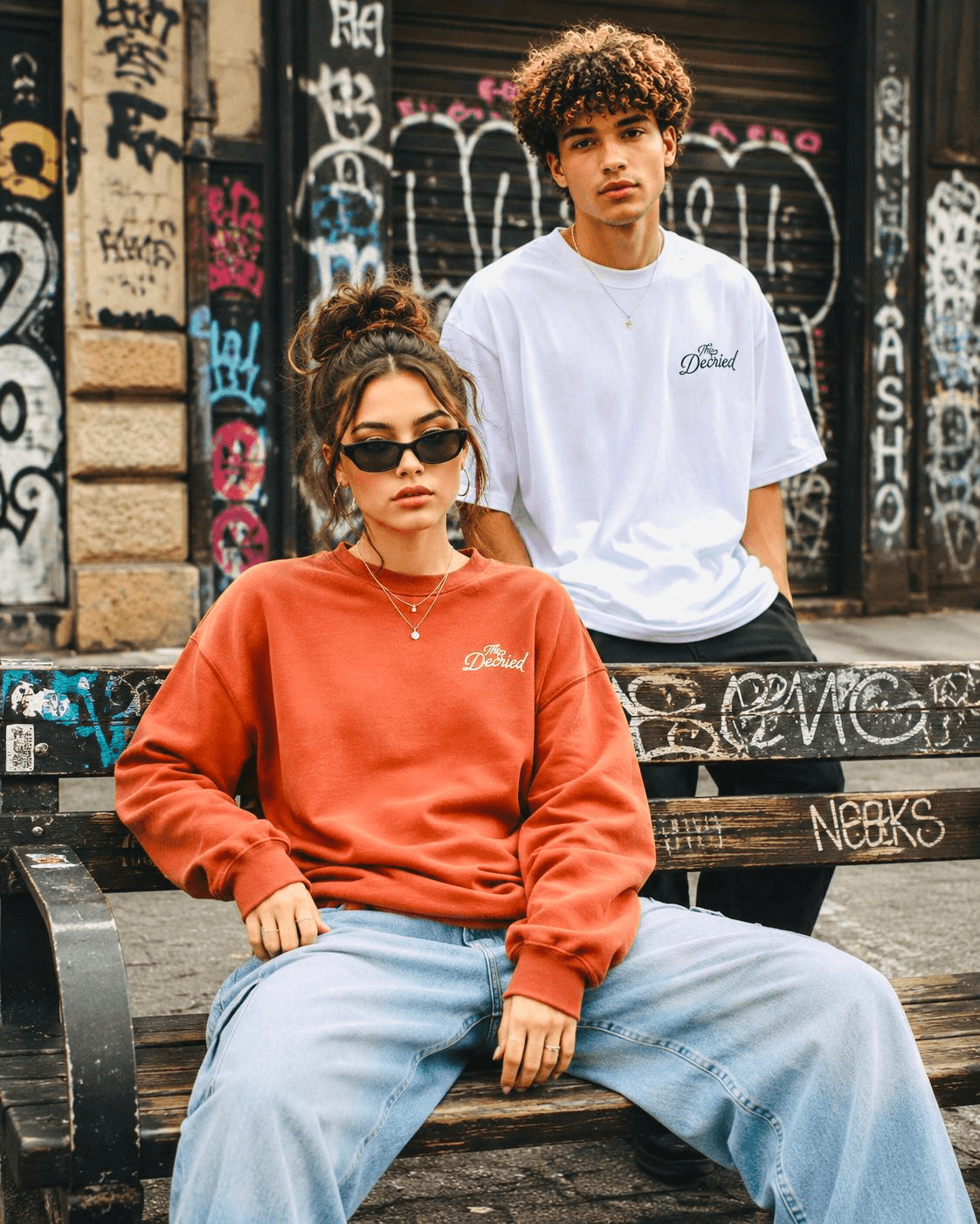 Seated woman with man standing behind wearing The Decried merchandise